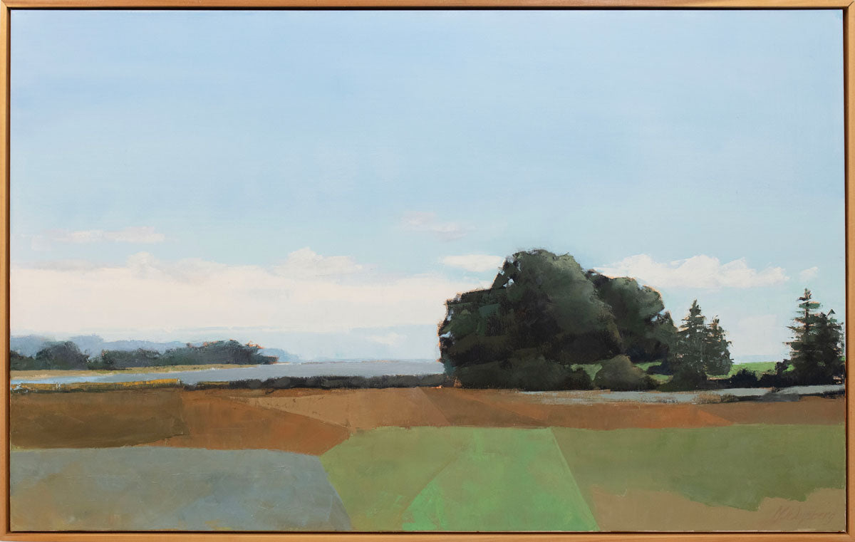 A blue, green, and sienna-toned landscape painting in a light wood frame.