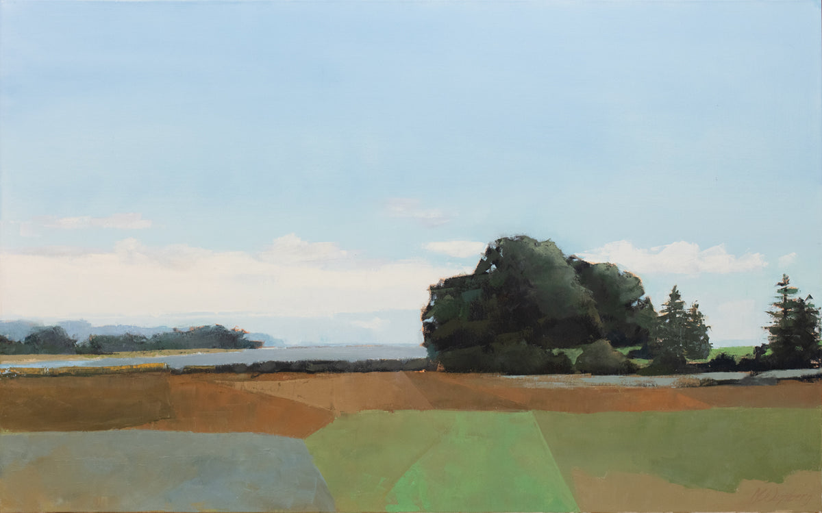 A blue, green, and sienna landscape painting. 