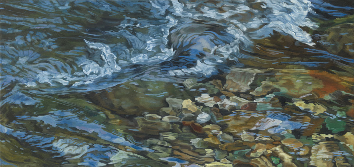A painting of swirling water in a rocky riverbed.