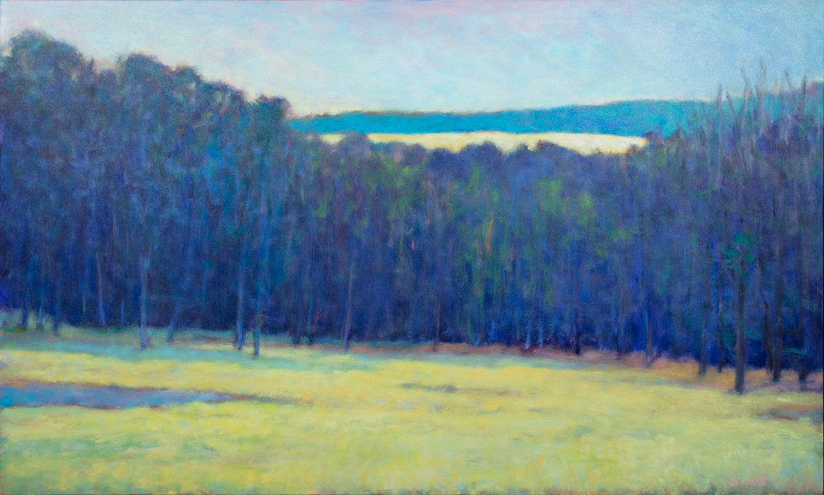 A blue, teal and chartreuse abstract landscape painting by Ken Elliott.