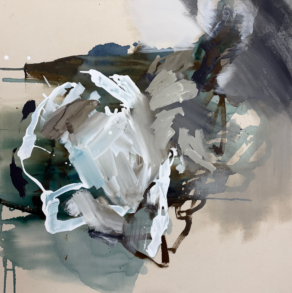 Abstract art piece with a mix of white, black, and gray on a beige background