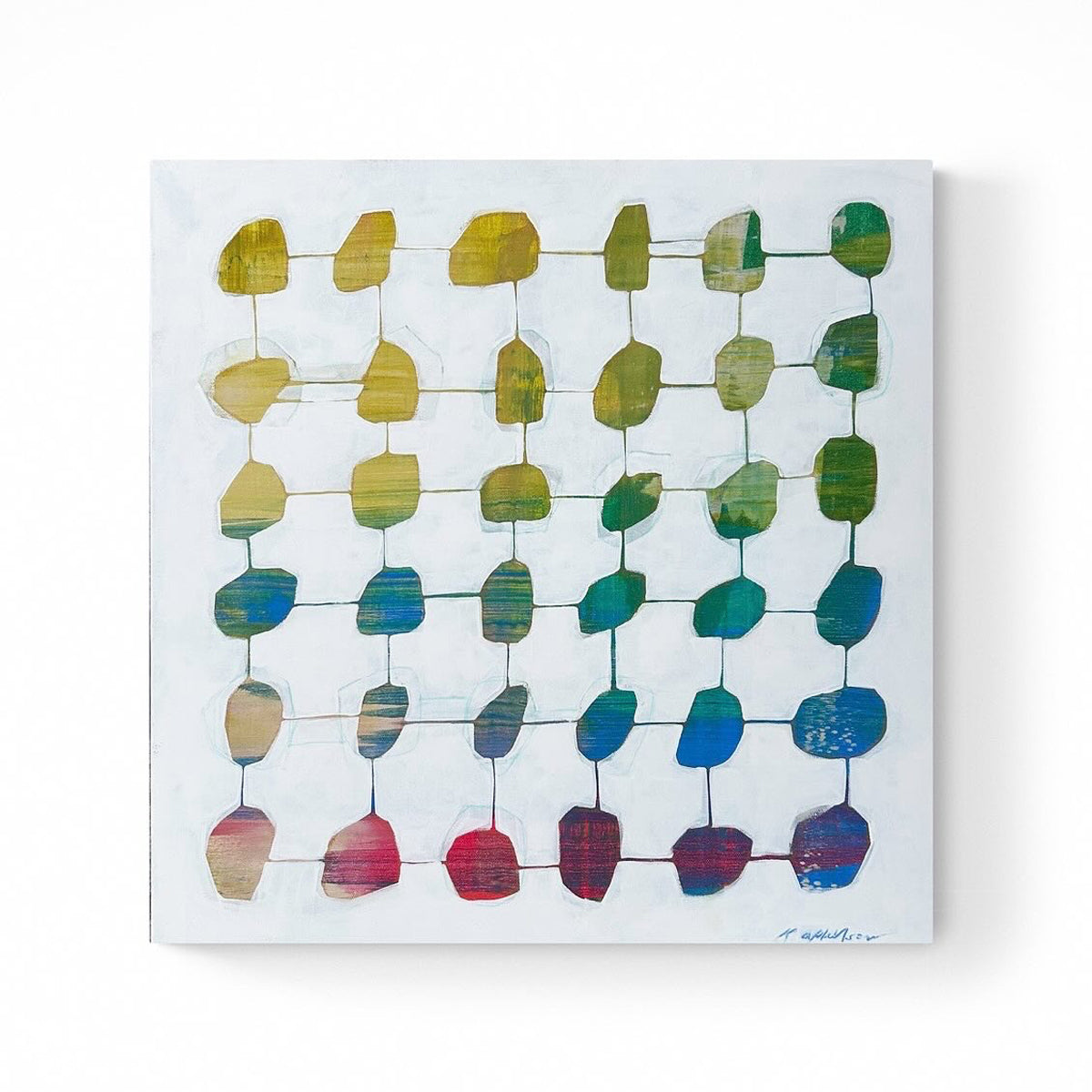 An abstract painting featuring a grid of geometric shapes on a white background.