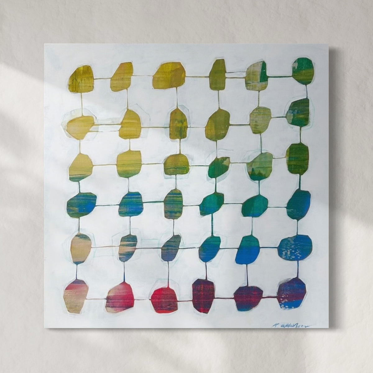 An abstract painting featuring a grid of geometric shapes on a white background.