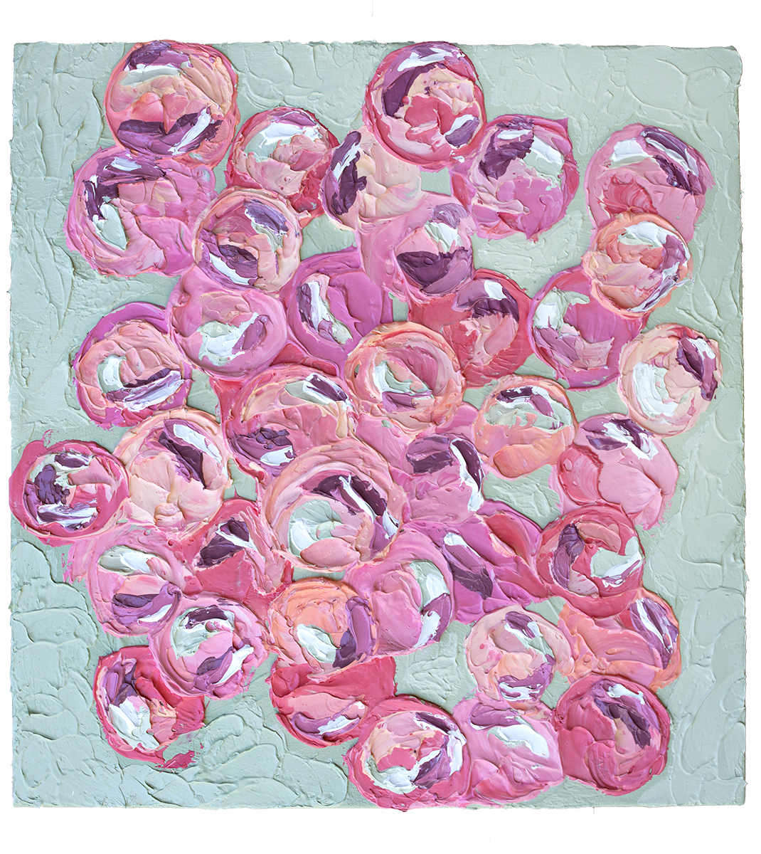 A close up of a very textured abstract painting with celadon background and circle type abstract flowers in pink, peach, plum and white hangs on a white wall.