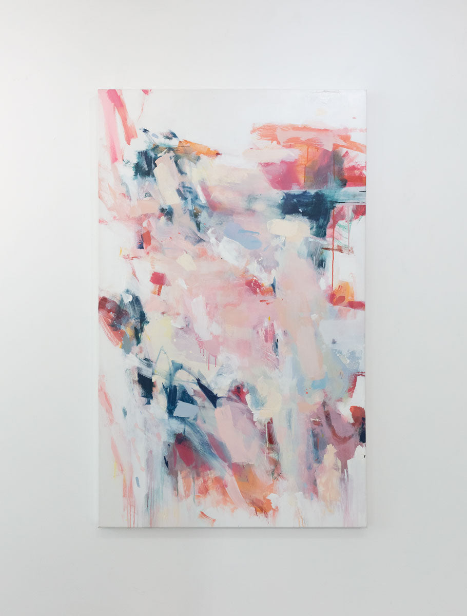 A light pink and white abstract painting by Kelly Rossetti with dark blue and red accents hangs on a gallery wall.