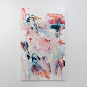 A light pink and white abstract painting by Kelly Rossetti with dark blue and red accents hangs on a gallery wall.