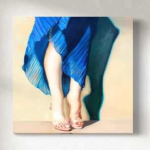 Original painting of a woman's legs in a blue dress and sandals on a beige background