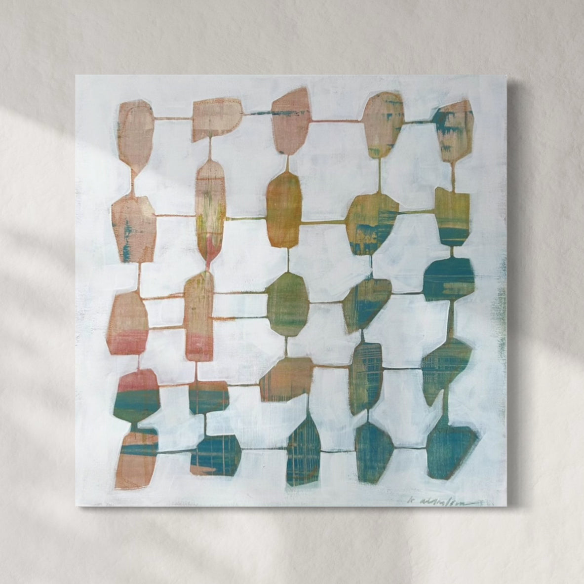A 20" x 20" original artwork featuring an abstract grid pattern with warm colors on a white background.