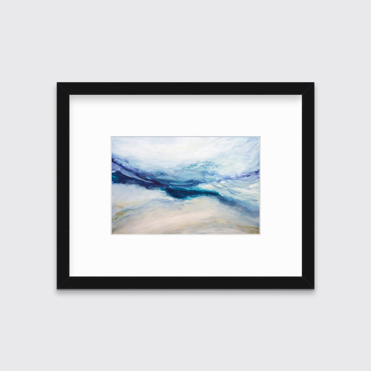 A white, blue, purple and beige abstract print in a black frame with a mat hangs on a white wall.