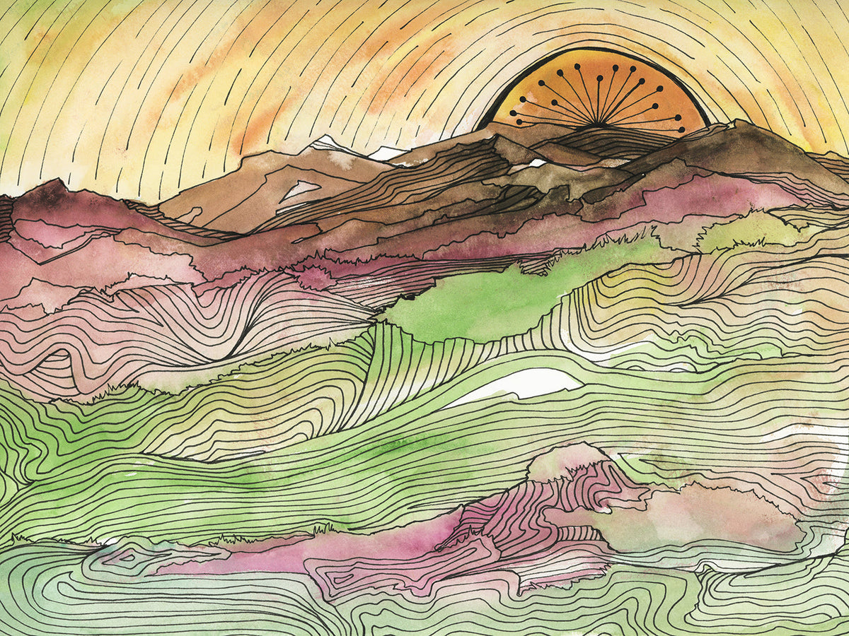 A yellow, brown, green and dark rose abstract landscape print with black outlines by Melissa Kircher.