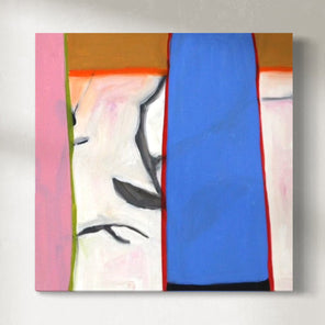 A square abstract painting with a central white and black element, surrounded by a blue vertical stripe on the right, and pink and orange horizontal stripes at the top and bottom.