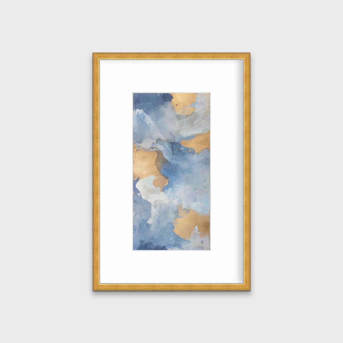 A blue, teal, beige and gold abstract print in a gold frame with a mat hangs on a white wall.