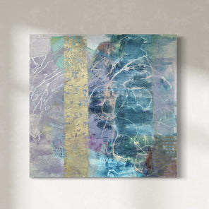 An abstract painting with turquoise, purple, and golden tones is hung on a gallery wall.