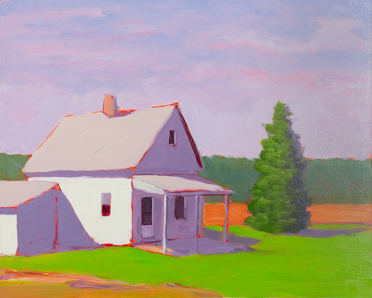 A purple and green landscape painting by Carol Young. 