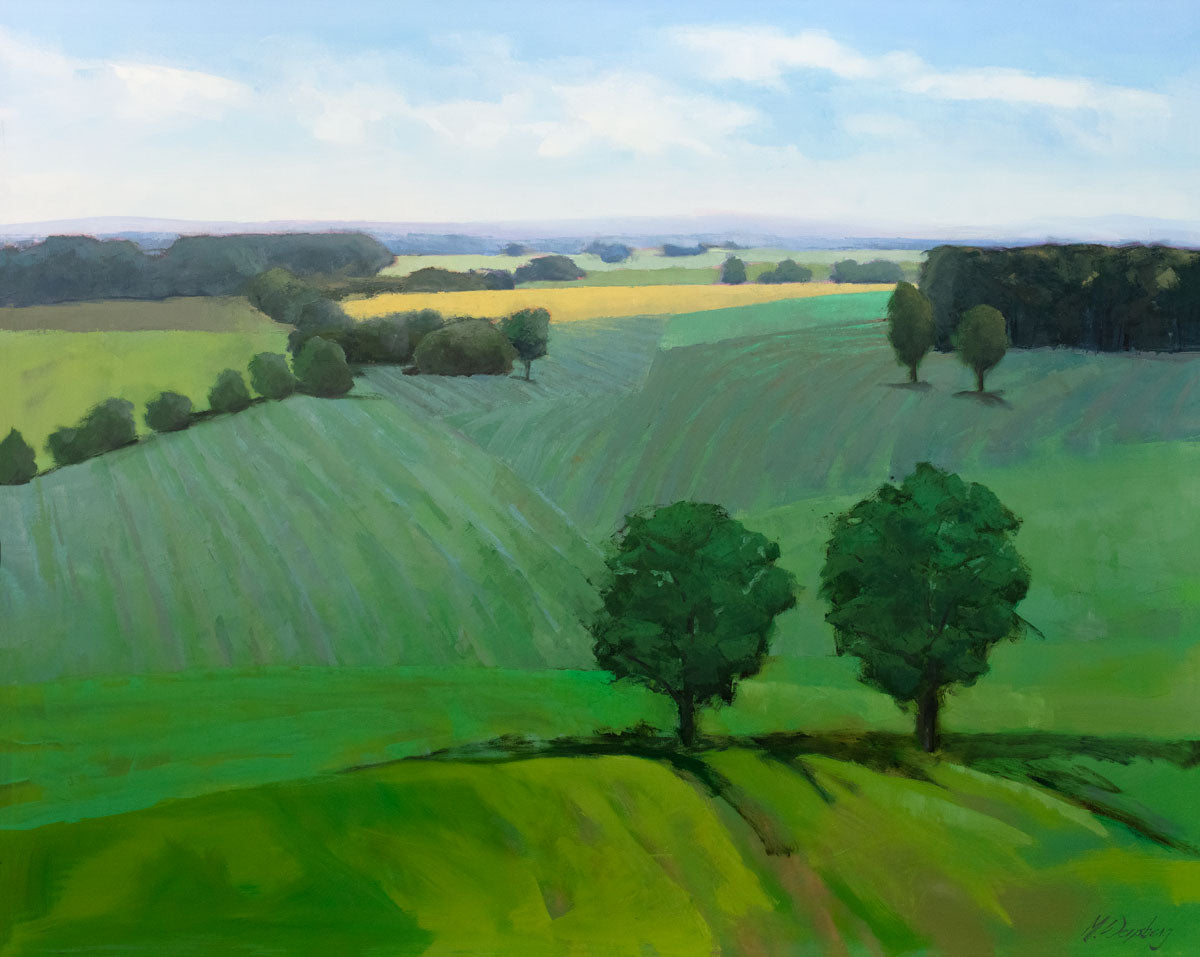 A green landscape painting. 