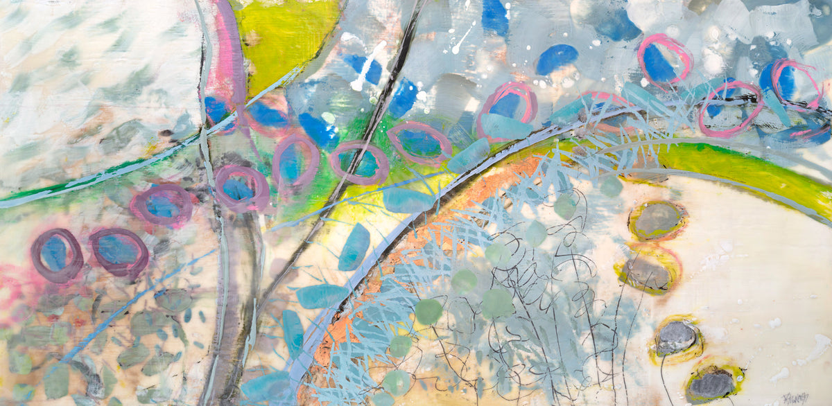 A multicolored abstract print by Linda Bigness.