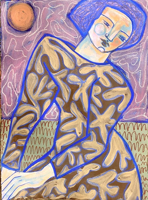 A blue, brown, and purple painting of an abstracted figure. 