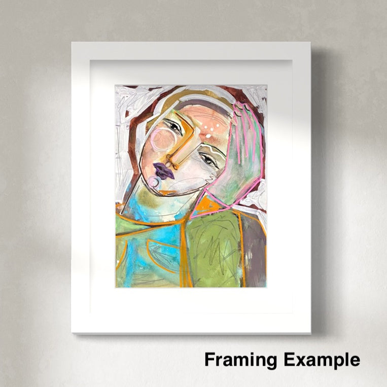 Framed abstract art print on a gray wall with 'Framing Example' text.