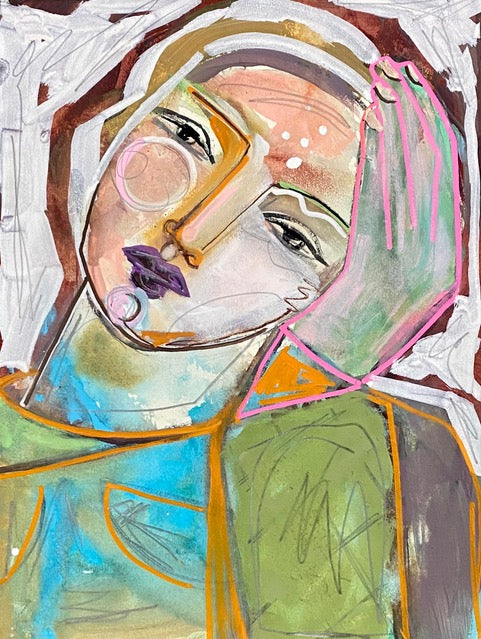 Abstract artwork of a person wearing a helmet with colorful brush strokes