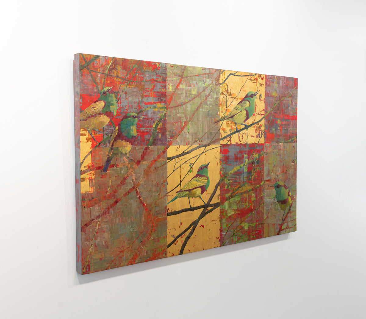 Colorful abstract painting with birds on branches against a white background