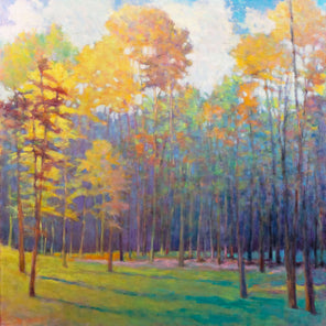 A multicolored abstracted landscape painting of a forest by Ken Elliott. 