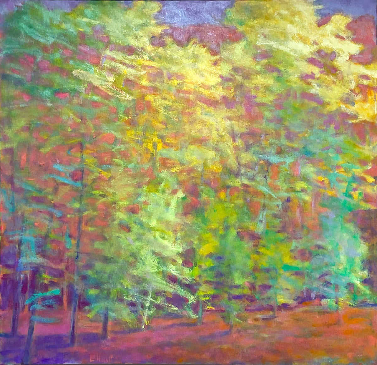 Colorful abstract painting of trees and landscape