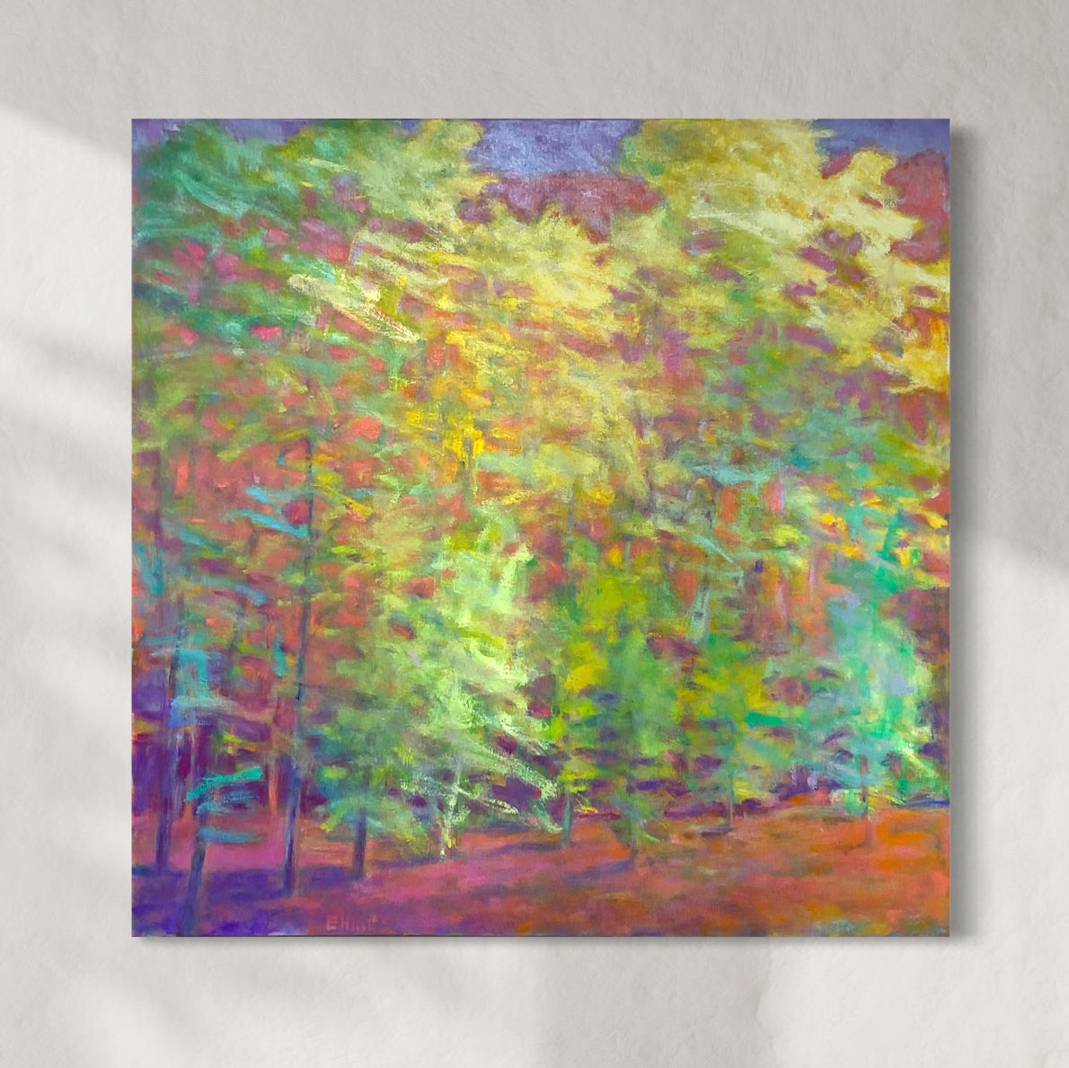 Colorful abstract painting of a forest on a gray background