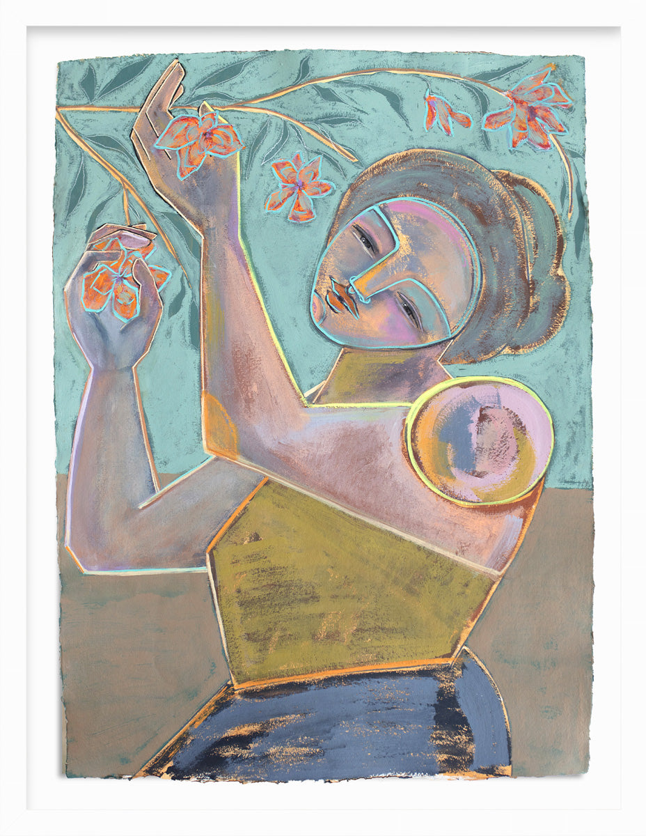 A framed abstracted blue, turquoise and yellow painting of a woman holding flowers from a branch.