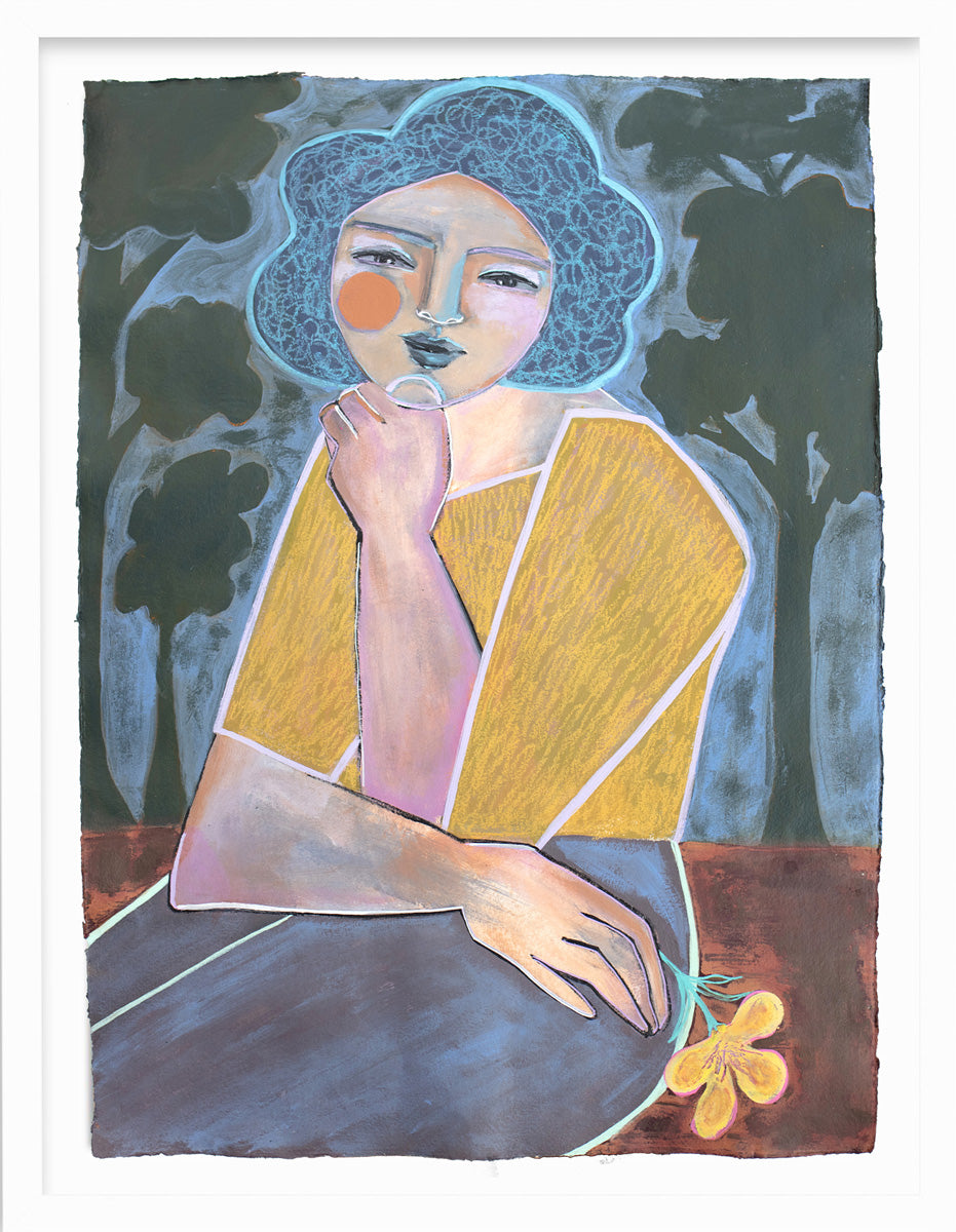 A framed painting of an abstracted woman with blue hair, a yellow shirt and blue pants with tree shapes surrounding her.