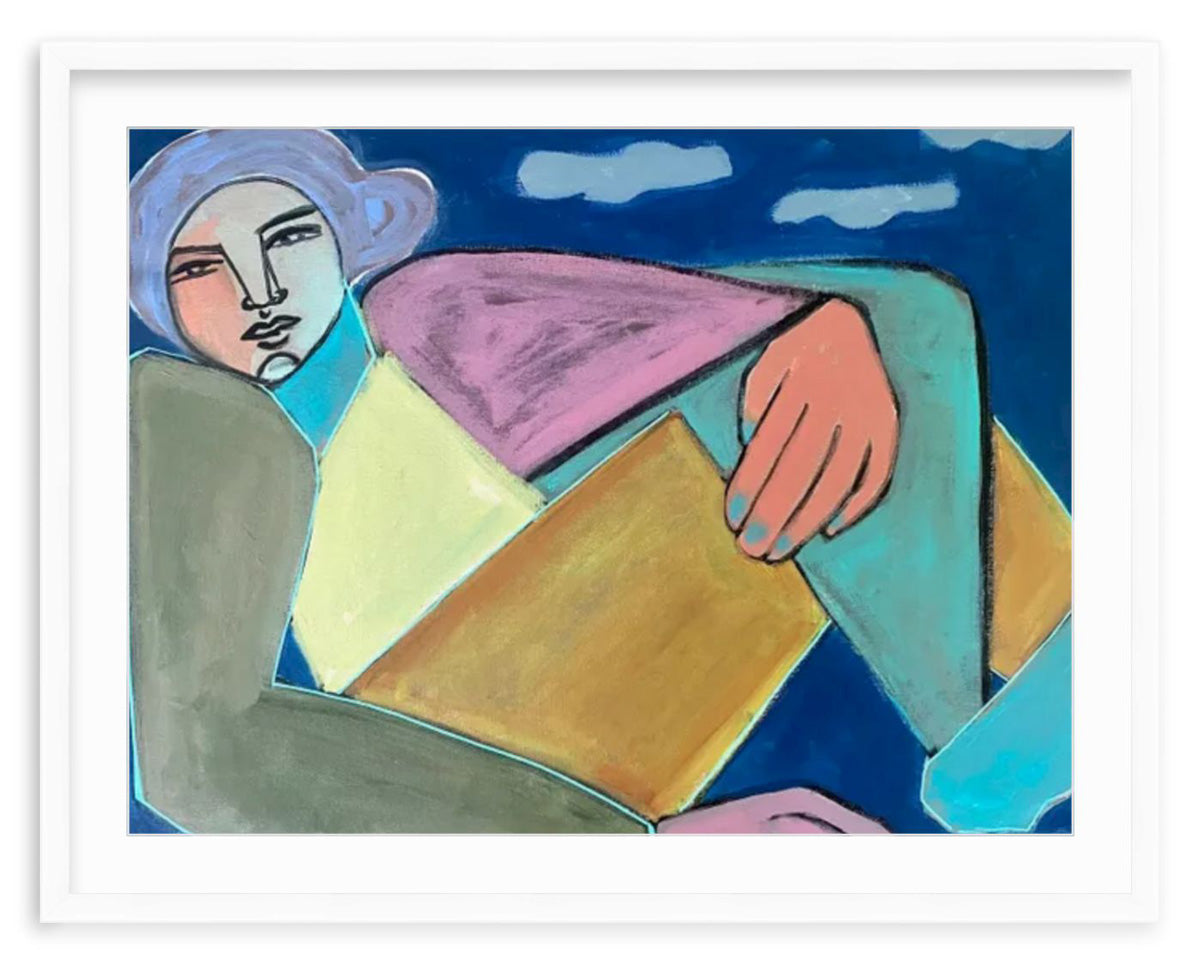 A colorful painting of a geometric, abstracted woman framed in a white frame.