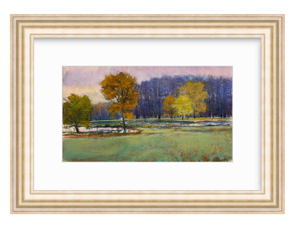 Framed painting of a landscape with trees and a field.