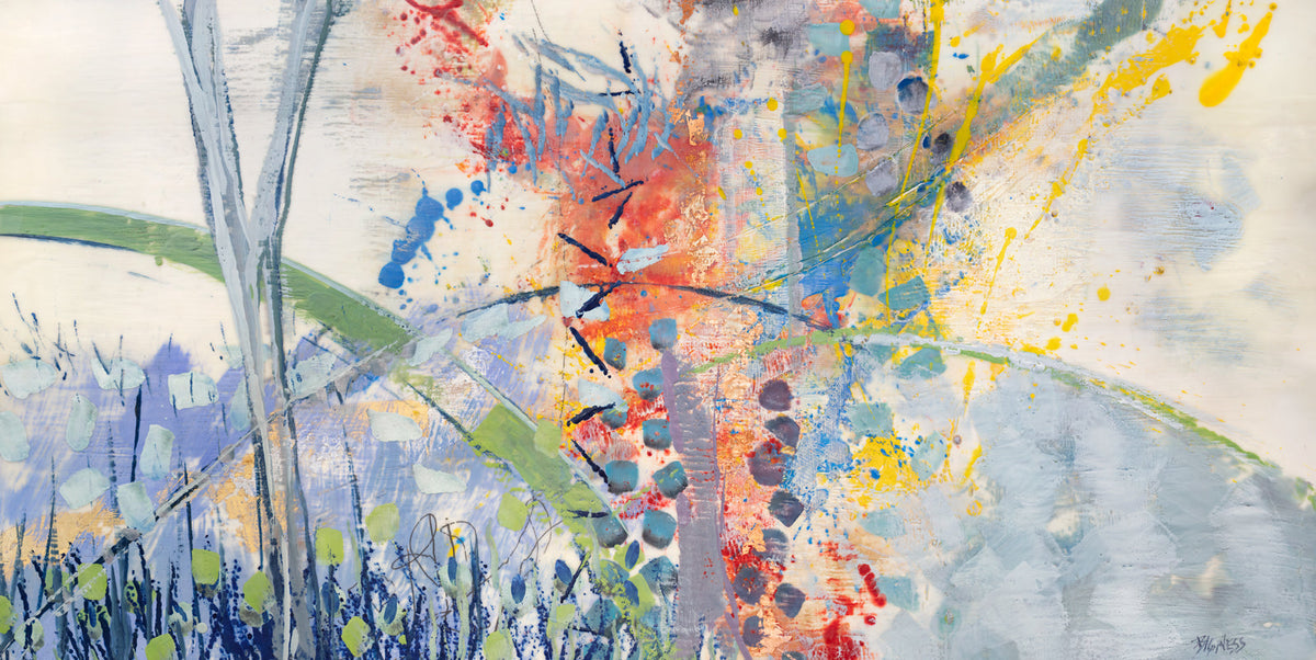 A multicolored abstract print by Linda Bigness.