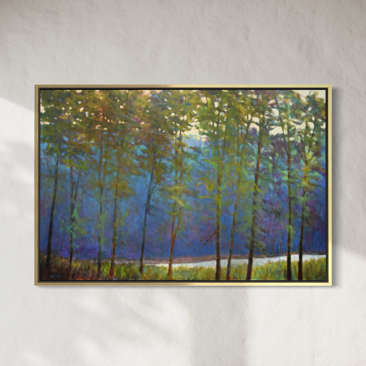 Green Canopy original painting by Ken Elliott hanging on a wall in a gold floater frame