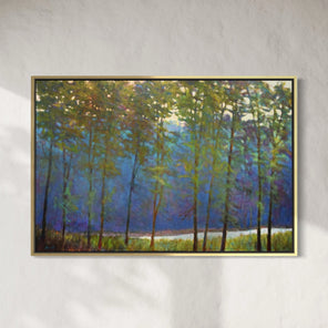 Green Canopy original painting by Ken Elliott hanging on a wall in a gold floater frame