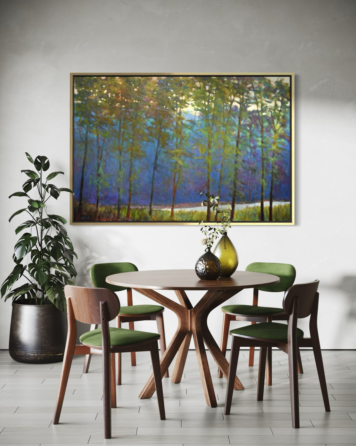 Green Canopy original painting by Ken Elliott staged in a room setting