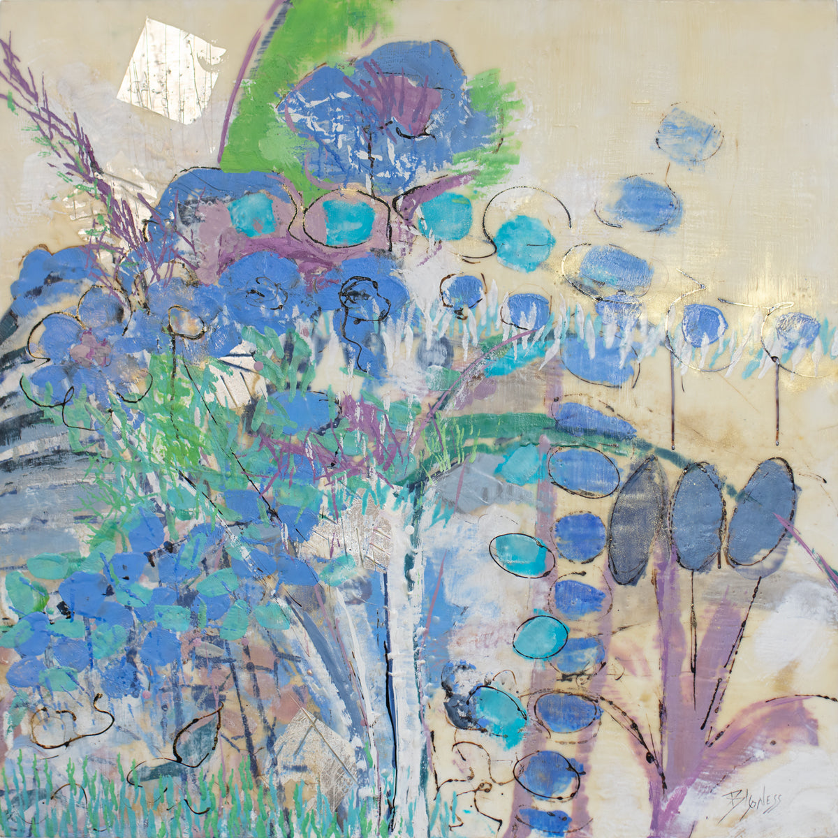 A colorful abstract painting by Linda Bigness. 