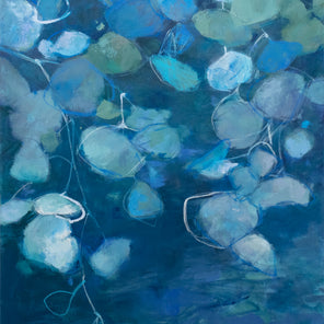 A blue abstract floral painting by Kay Flierl.