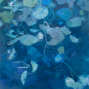 A blue abstract floral painting by Kay Flierl.