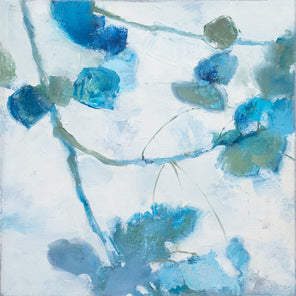 A white, green, and blue abstract floral painting by Kay Flierl. 