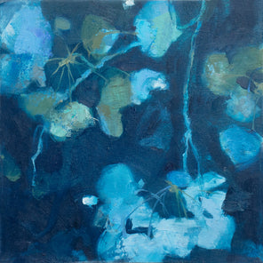An abstract blue floral painting by Kay Flierl. 