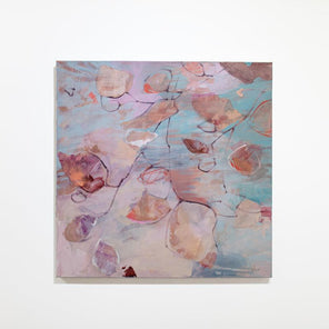 A light pink, beige, teal and salmon abstract floral painting by Kay Flierl hangs on a white wall.