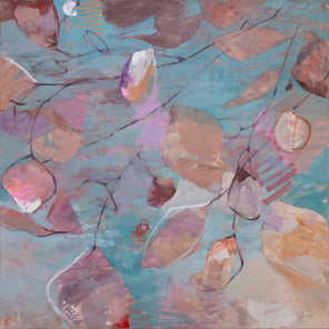 A teal, pink, beige and salmon abstract floral paintings by Kay Flierl.