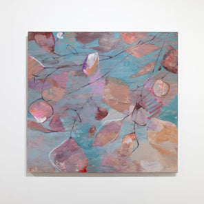 A teal, pink, beige and salmon abstract floral paintings by Kay Flierl hangs on a white wall.