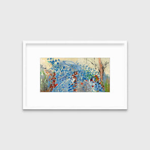 A blue, beige, green and black abstract print in a white frame with a mat hangs on a white wall.