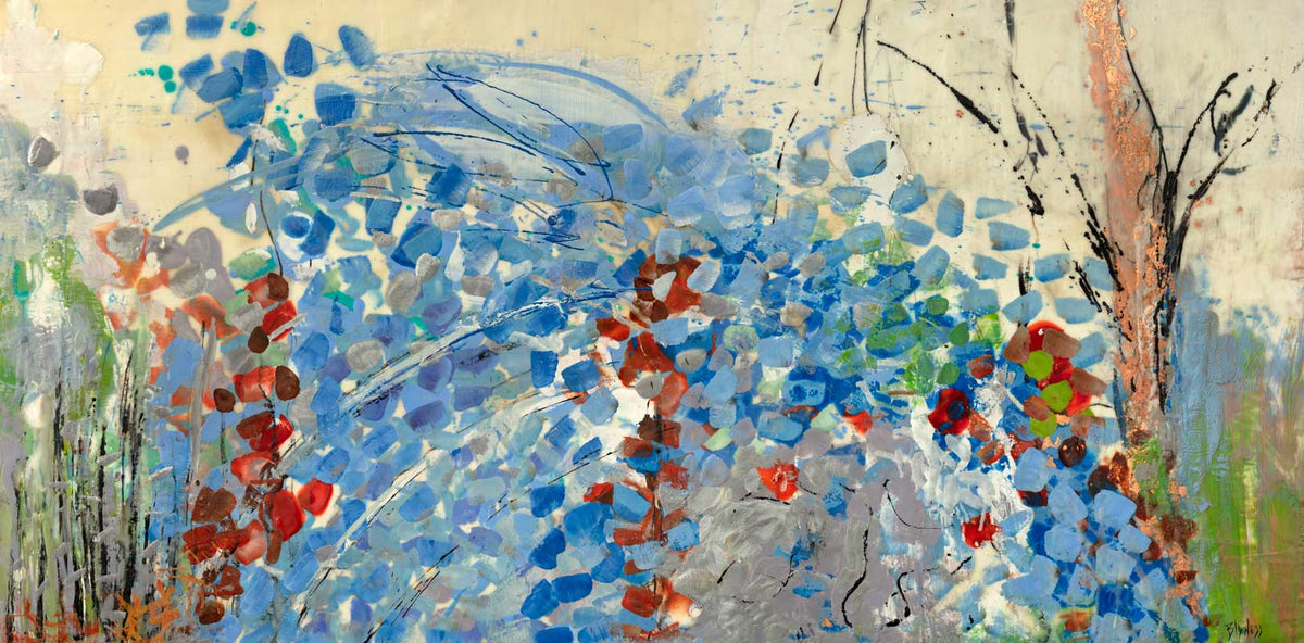A blue, beige, green and black abstract print by Linda Bigness.