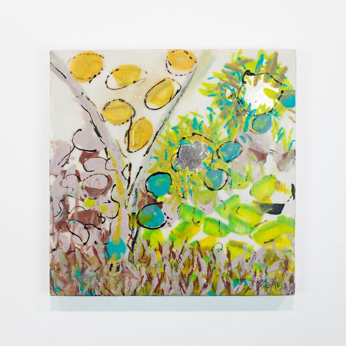 A yellow, green, and pink abstract painting hangs on a white wall.