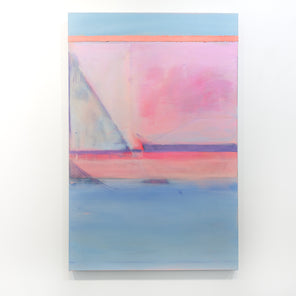 A pink and blue abstract painting hangs on a white wall. 