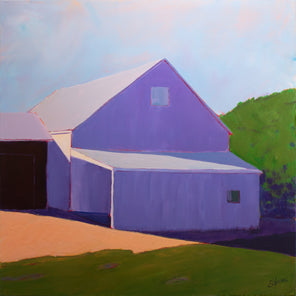 A landscape painting of a barn in lavender shadow, blue sky and green hedges by Carol Young.