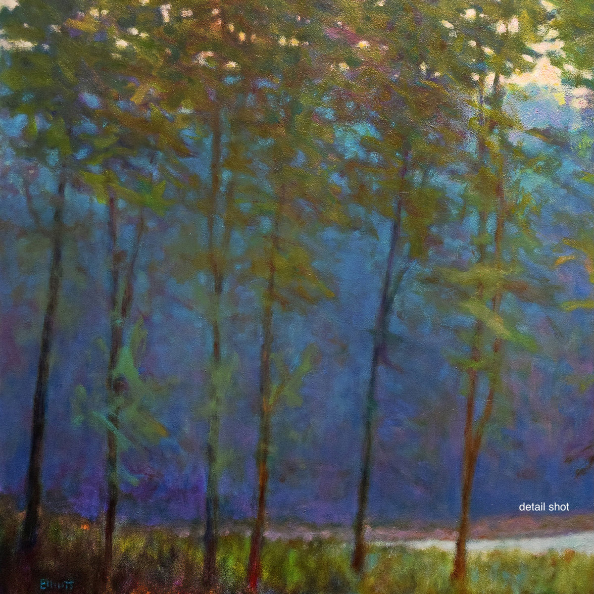 Green Canopy original painting by Ken Elliott detail crop showing layered foliage brushwork