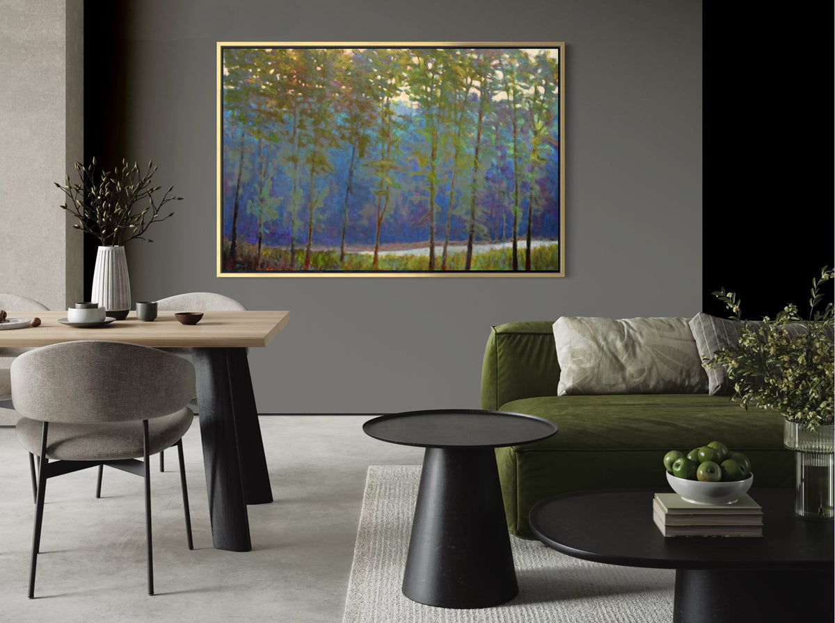 Green Canopy original painting by Ken Elliott displayed in a room setting, 48 x 72 inches in a gold floater frame